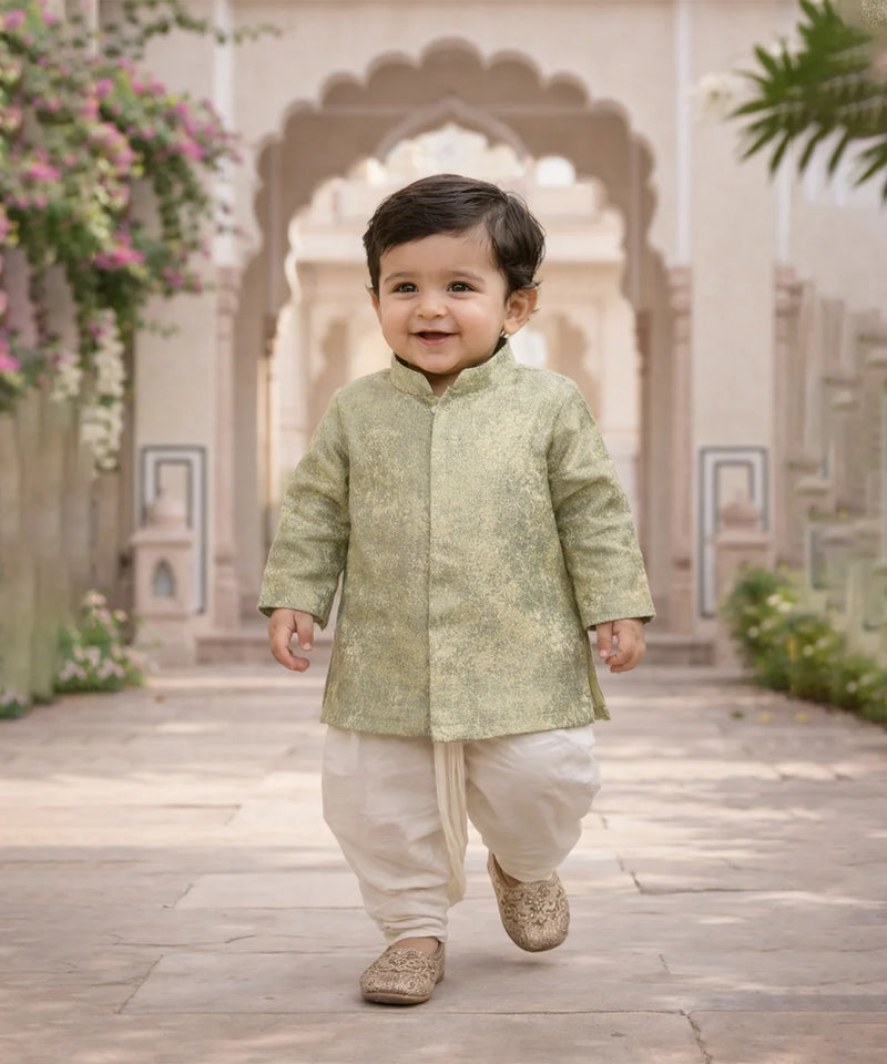Child wearing a traditional outfit in an outdoor setting with architectural elements.