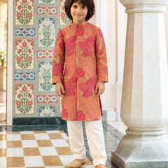 Boys' peach printed kurta pyjama set for puja and festivals by Devils N Angels Jaipur
