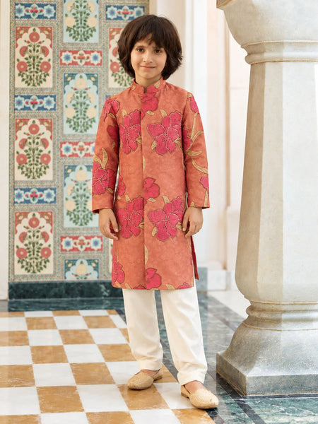 Boys' peach printed kurta pyjama set for puja and festivals by Devils N Angels Jaipur