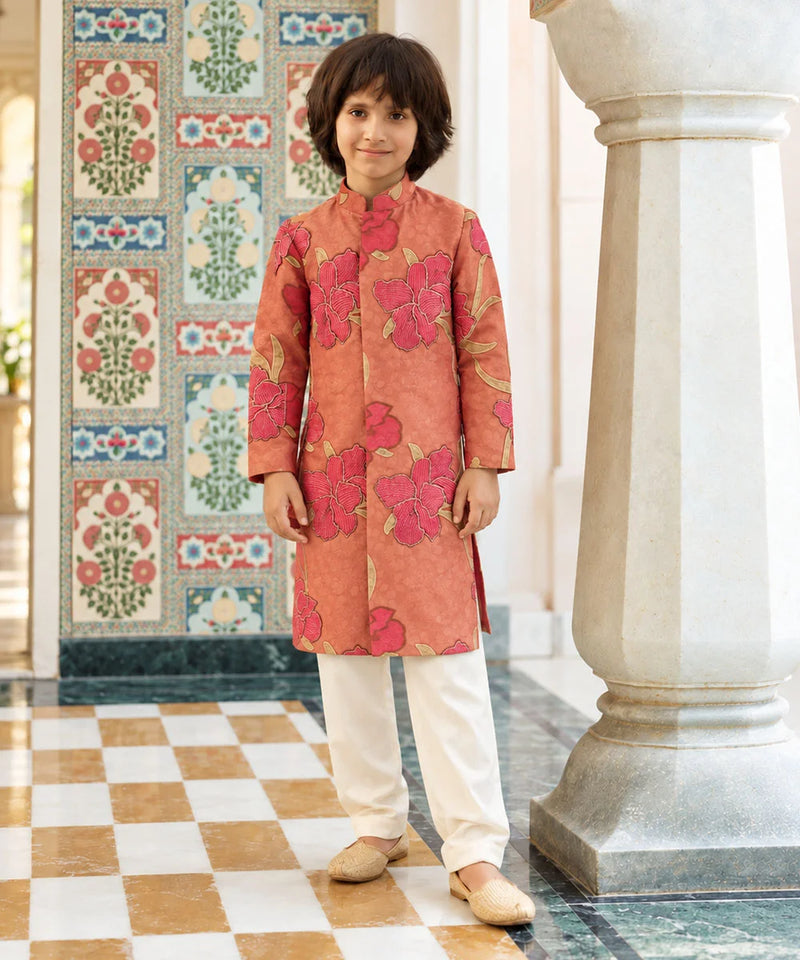 Boys' peach printed kurta pyjama set for puja and festivals by Devils N Angels Jaipur