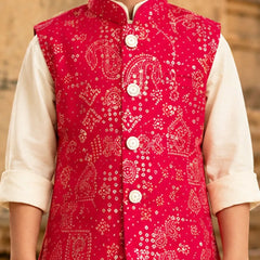 Boys' red bandhej print Nehru jacket over cream kurta pyjama, Devils N Angels Jaipur, view 2