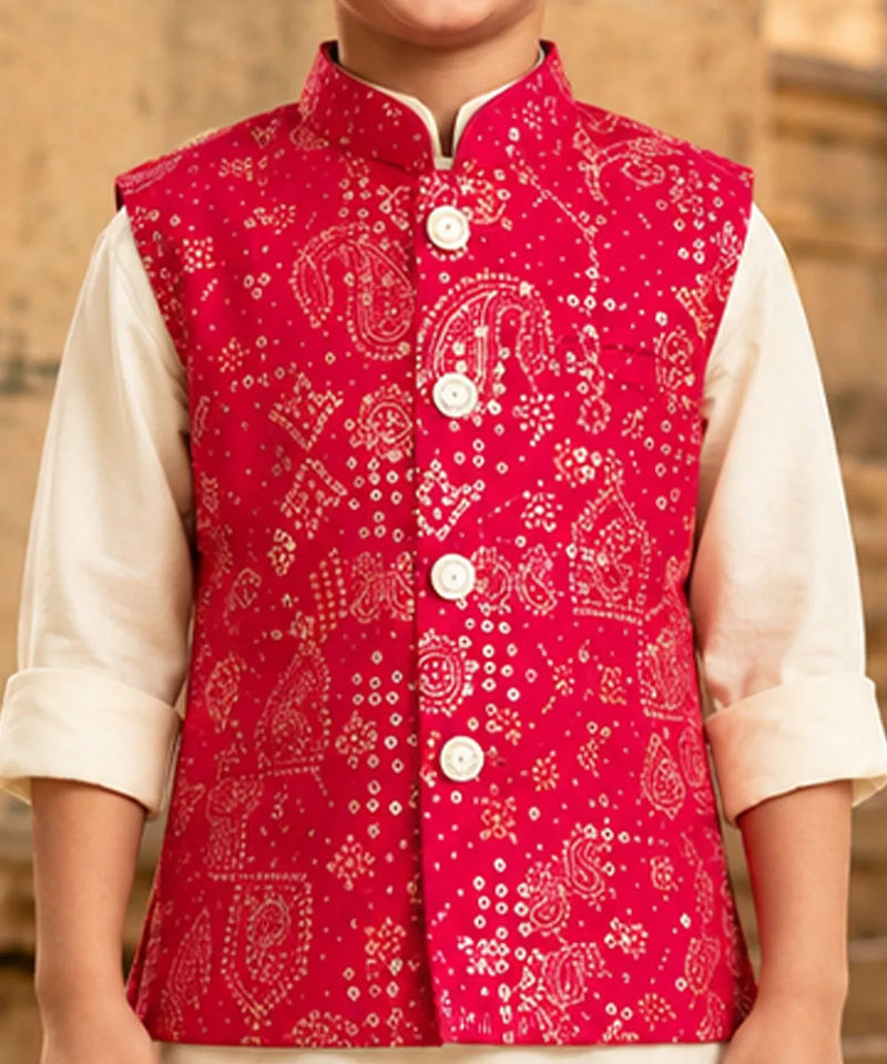 Boys' red bandhej print Nehru jacket over cream kurta pyjama, Devils N Angels Jaipur, view 2