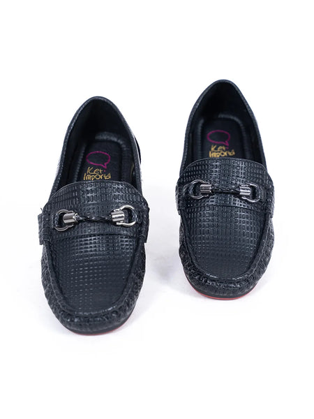 Boys' trendy black party loafers featuring basket-weave texture and metal accent, Jaipur