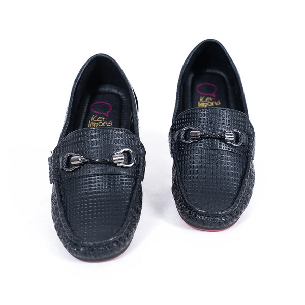 Boys' trendy black party loafers featuring basket-weave texture and metal accent, Jaipur