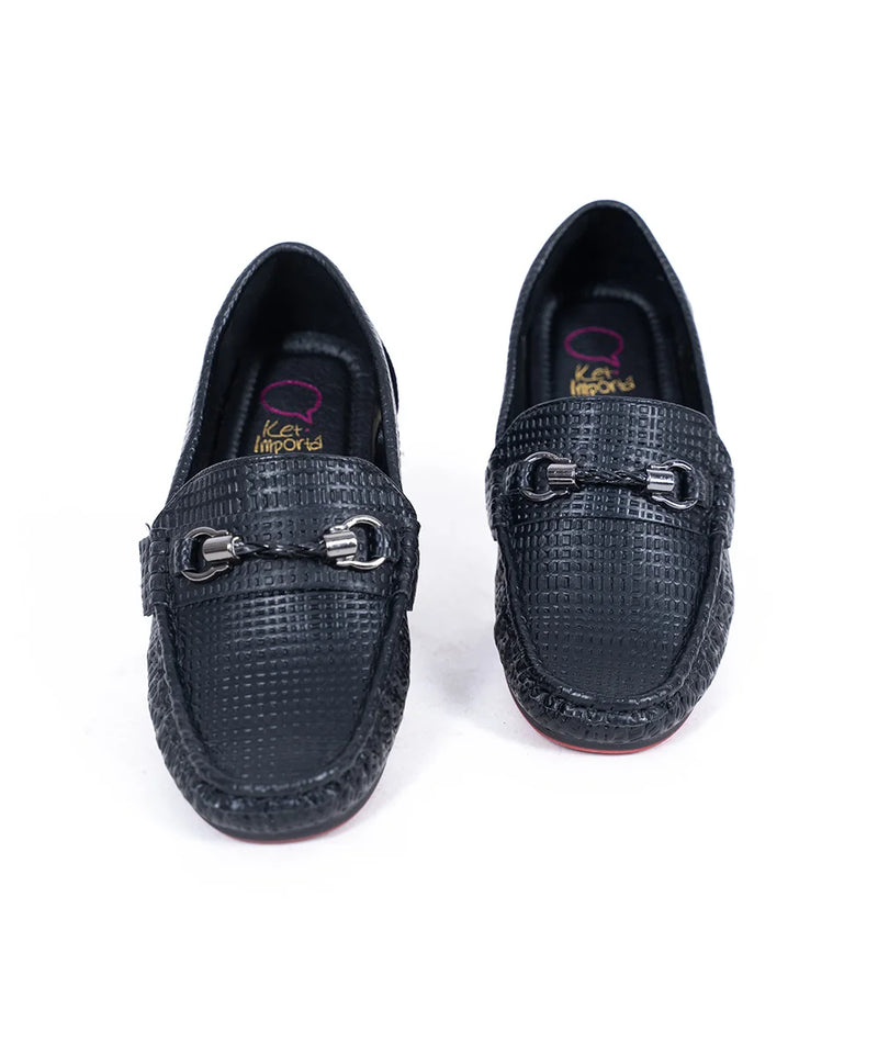 Boys' trendy black party loafers featuring basket-weave texture and metal accent, Jaipur