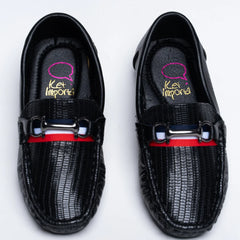 Boys' trendy black moccasins featuring embossed pattern, buckle, and red sole, Jaipur