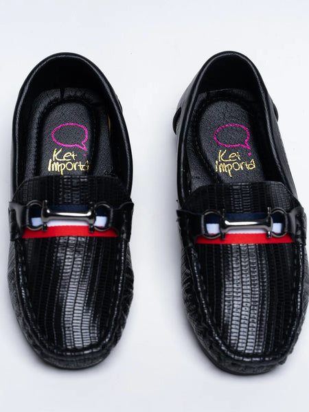 Boys' trendy black moccasins featuring embossed pattern, buckle, and red sole, Jaipur