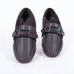 Boys' fashion brown moccasins featuring woven finish, striped band, and buckle, Jaipur