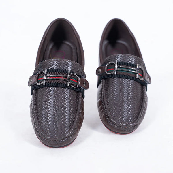 Boys' fashion brown moccasins featuring woven finish, striped band, and buckle, Jaipur