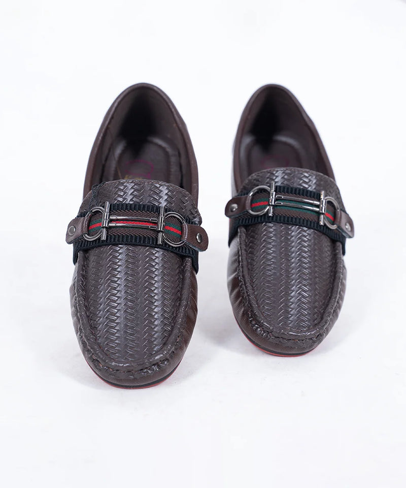 Boys' fashion brown moccasins featuring woven finish, striped band, and buckle, Jaipur