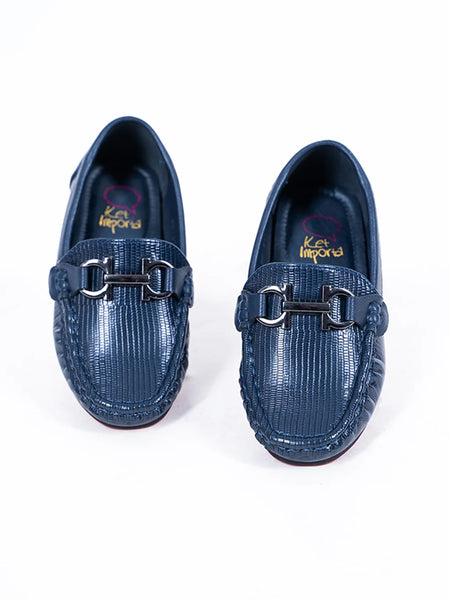 Boys' trendy navy moccasins featuring embossed finish, metal buckle, and red outsole, Jaipur

