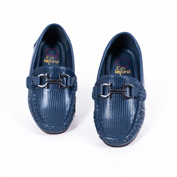 Boys' trendy navy moccasins featuring embossed finish, metal buckle, and red outsole, Jaipur


