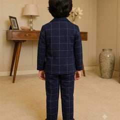 Boys Navy Blue Checkered Formal Blazer Suit | Jaipur
