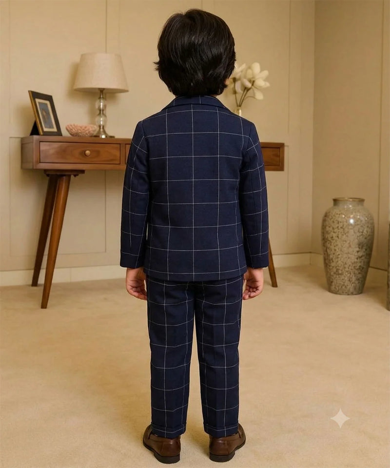 Boys Navy Blue Checkered Formal Blazer Suit | Jaipur