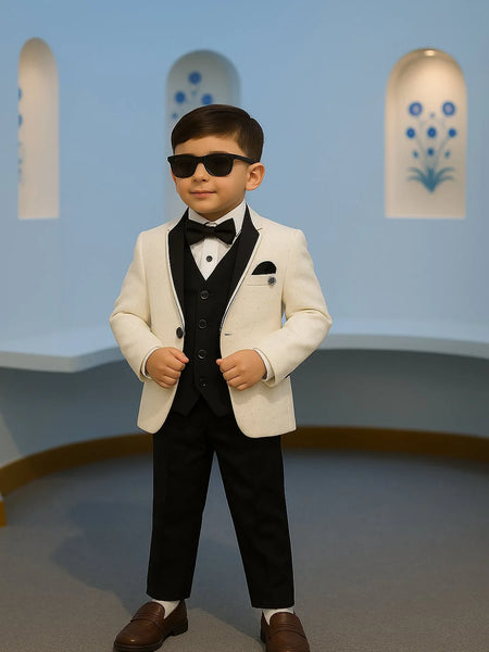 Young boy in a formal suit with sunglasses standing against a light blue wall.