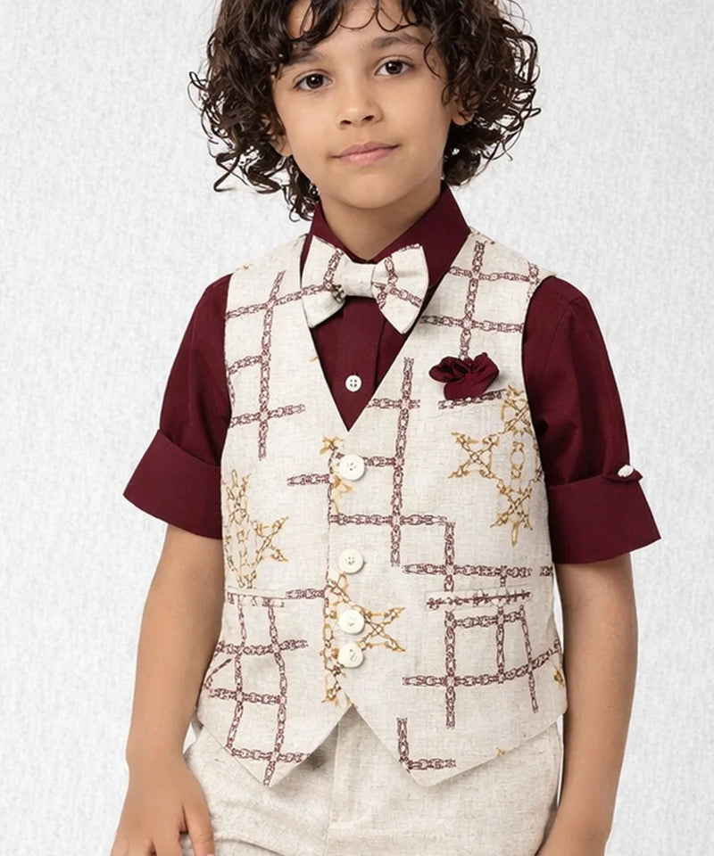 Child wearing a maroon shirt with a white vest and bow tie against a light background