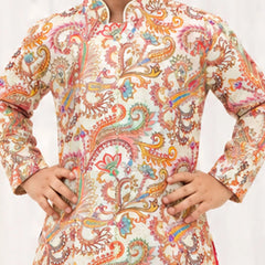 Boys' cream printed kurta and red dhoti set for festivals, Devils N Angels Jaipur, view 2