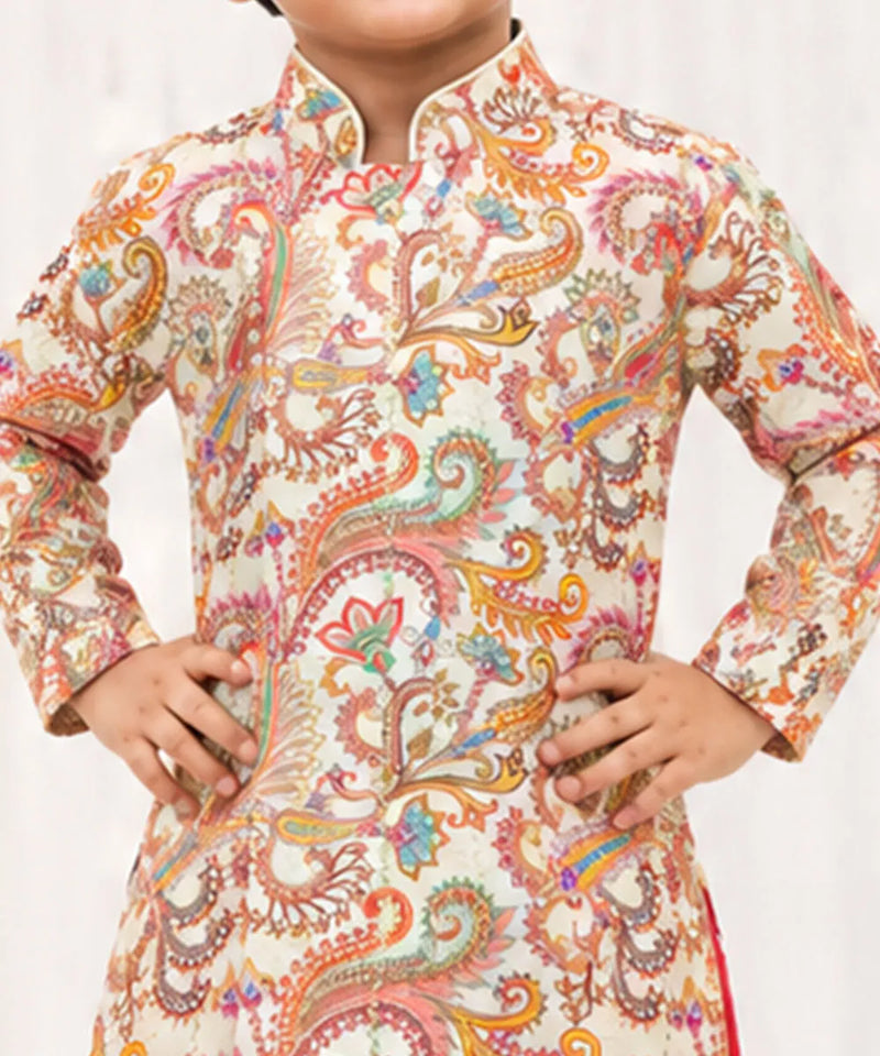 Boys' cream printed kurta and red dhoti set for festivals, Devils N Angels Jaipur, view 2