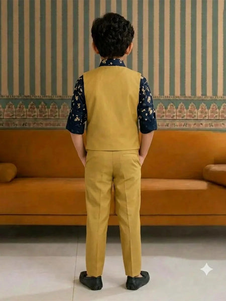 Light Green Color Waist Coat Set With Navy Printed Shirt for Boys | Jaipur