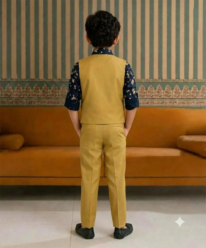 Light Green Color Waist Coat Set With Navy Printed Shirt for Boys | Jaipur