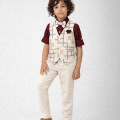 Child wearing a formal outfit with a vest, shirt, and pants on a light gray background