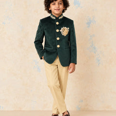 Boys' green velvet Jodhpuri suit for weddings and parties by Devils N Angels Jaipur