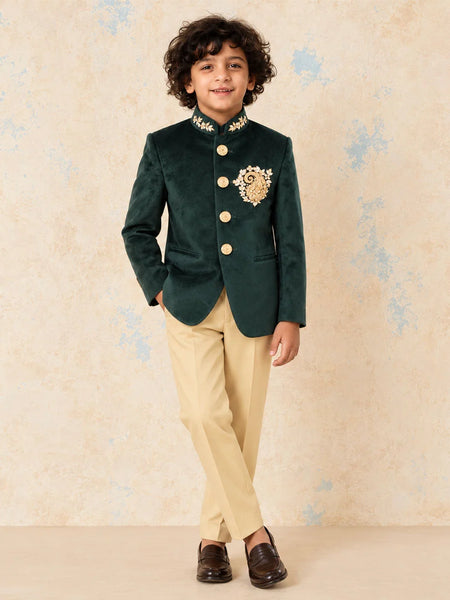 Boys' green velvet Jodhpuri suit for weddings and parties by Devils N Angels Jaipur