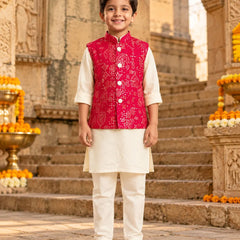 Boys' cream kurta pyjama with red bandhej jacket, party wear by Devils N Angels Jaipur