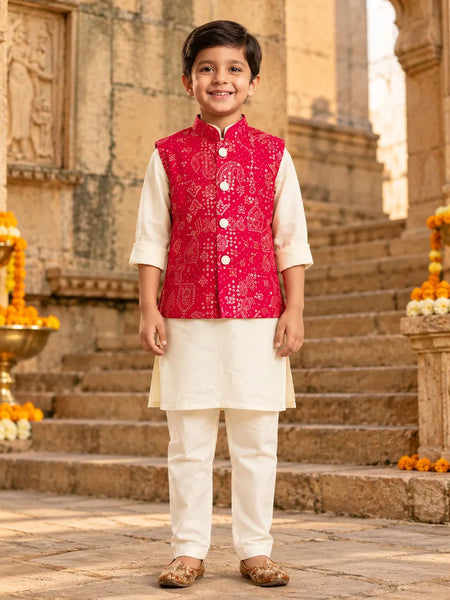 Boys' cream kurta pyjama with red bandhej jacket, party wear by Devils N Angels Jaipur