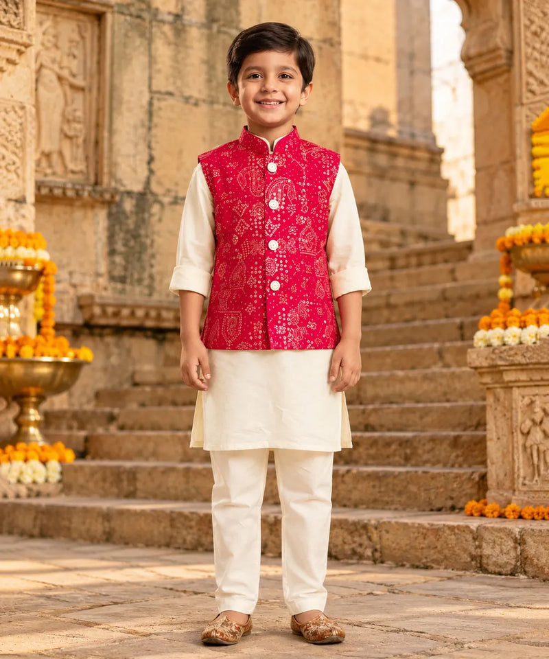 Boys' cream kurta pyjama with red bandhej jacket, party wear by Devils N Angels Jaipur