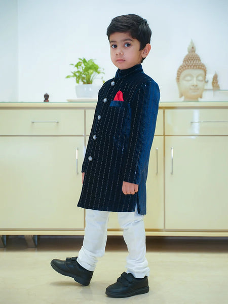 wedding wear navy blue shimmer sherwani for boys 