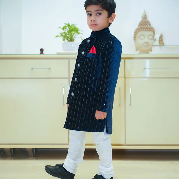 wedding wear navy blue shimmer sherwani for boys 