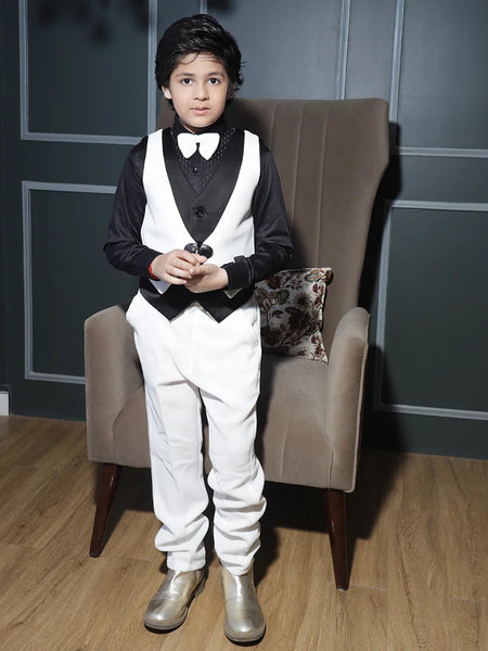 White boys tuxedo with shimmer collar and bow tie Jaipur kidswear
