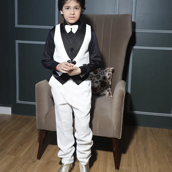 White boys tuxedo with shimmer collar and bow tie Jaipur kidswear