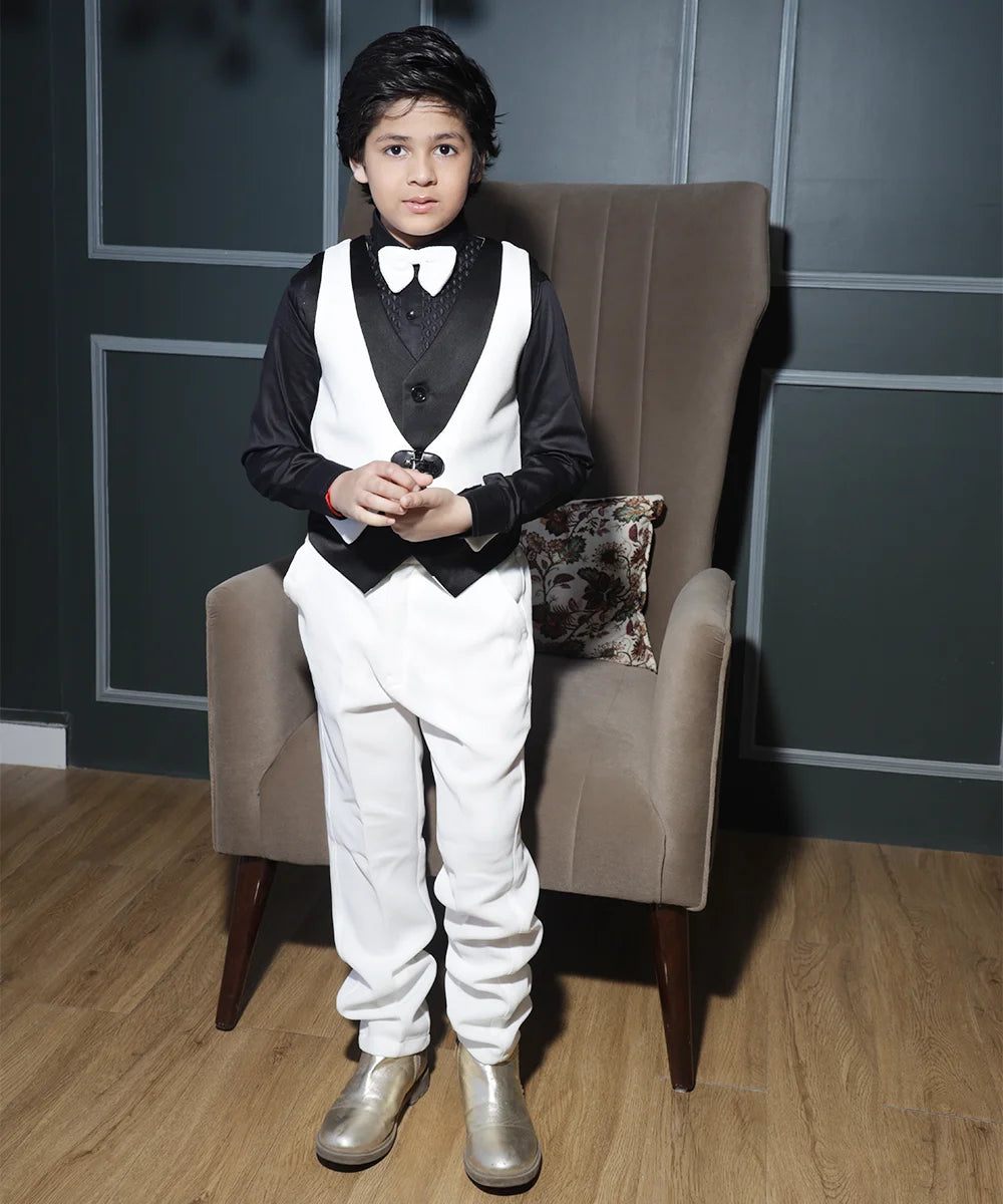 White boys tuxedo with shimmer collar and bow tie Jaipur kidswear