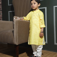 It is a classic yellow Colored kurta teamed up with a matching pyjama that comes with an elasticated waist, perfect for festive and small ceremonies.