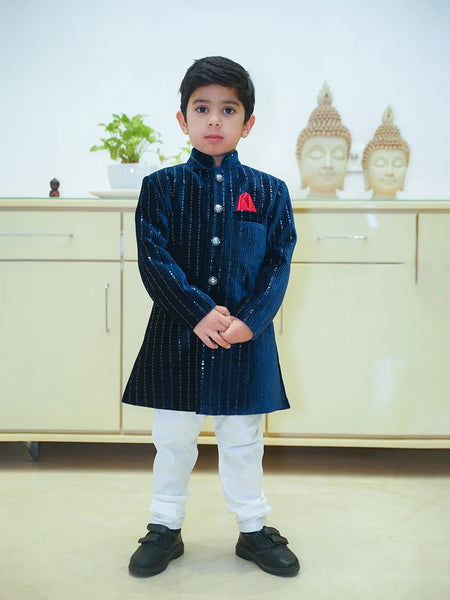 wedding wear navy blue shimmer velvet sherwani set for boys 