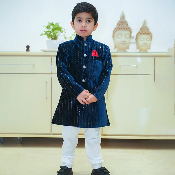 wedding wear navy blue shimmer velvet sherwani set for boys 