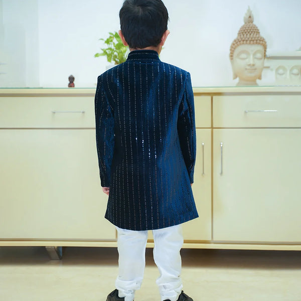 back view of navy blue sherwani for boys 
