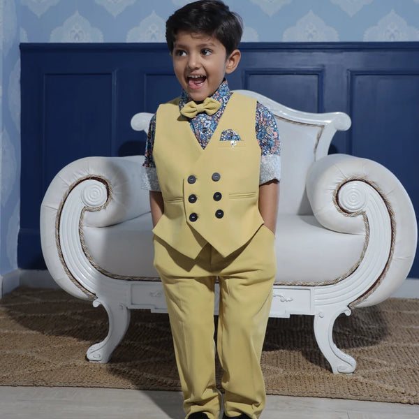 formal wear beige waist coat suit set for boys