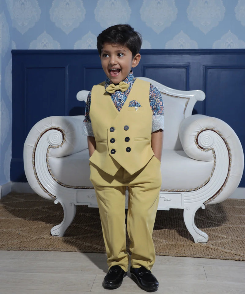formal wear beige waist coat suit set for boys
