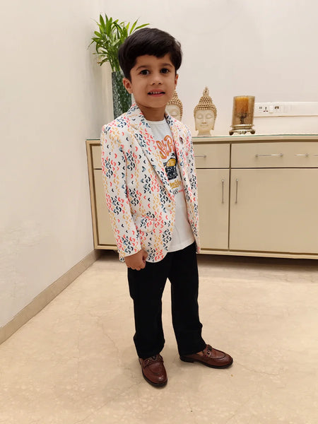 Modern White printed Boys Blazer for Kids – Jaipur Fashion Edit