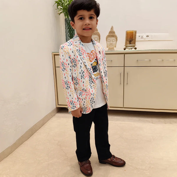 Modern White printed Boys Blazer for Kids – Jaipur Fashion Edit