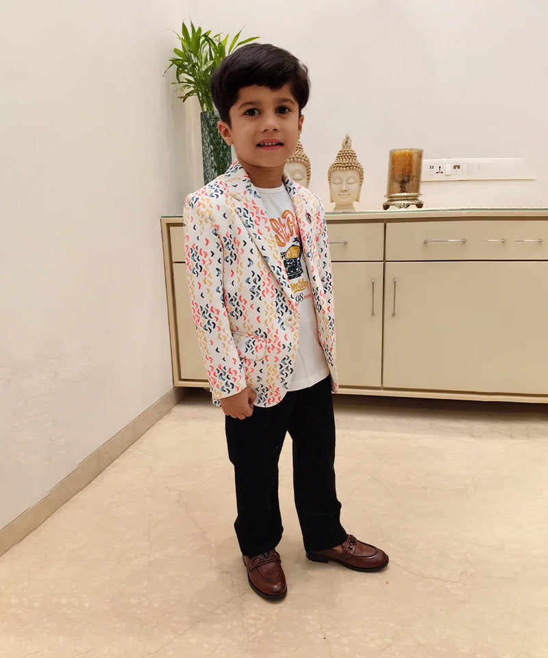 Modern White printed Boys Blazer for Kids – Jaipur Fashion Edit