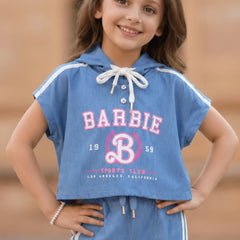 Young girl wearing a blue Barbie sports club outfit with a hood.