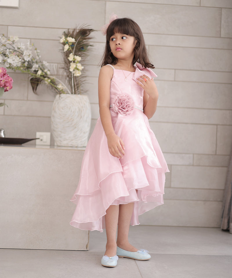Party wear pink frock for girls with bow, kids clothing store in Jaipur
