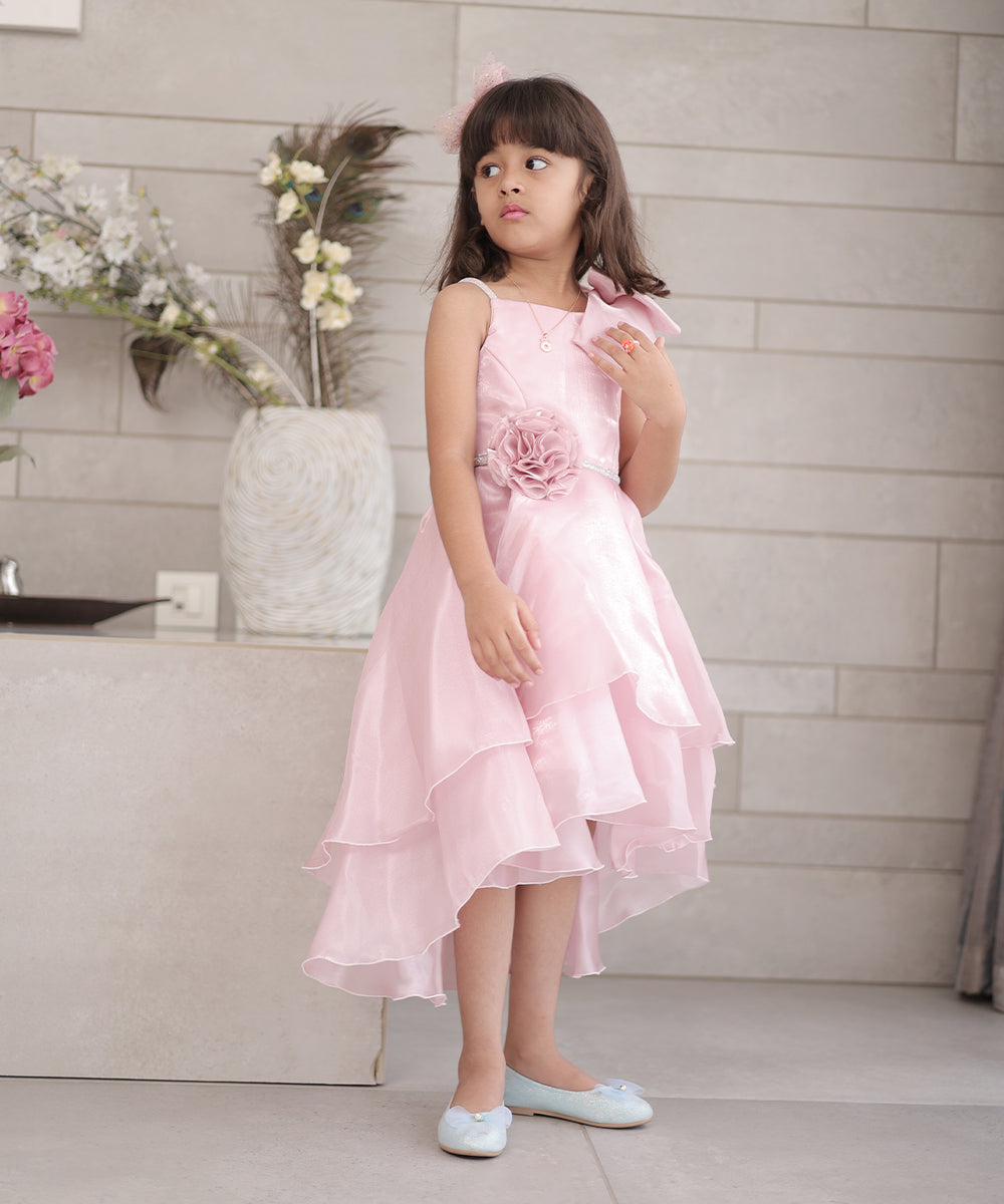 Party wear pink frock for girls with bow, kids clothing store in Jaipur