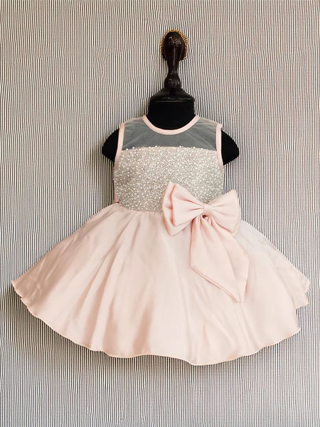 Peach satin shimmer birthday frock for girls, Jaipur kidswear store