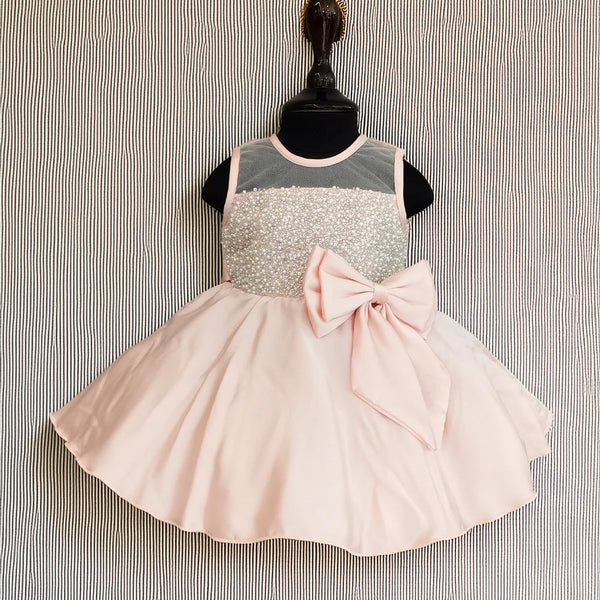 Peach satin shimmer birthday frock for girls, Jaipur kidswear store