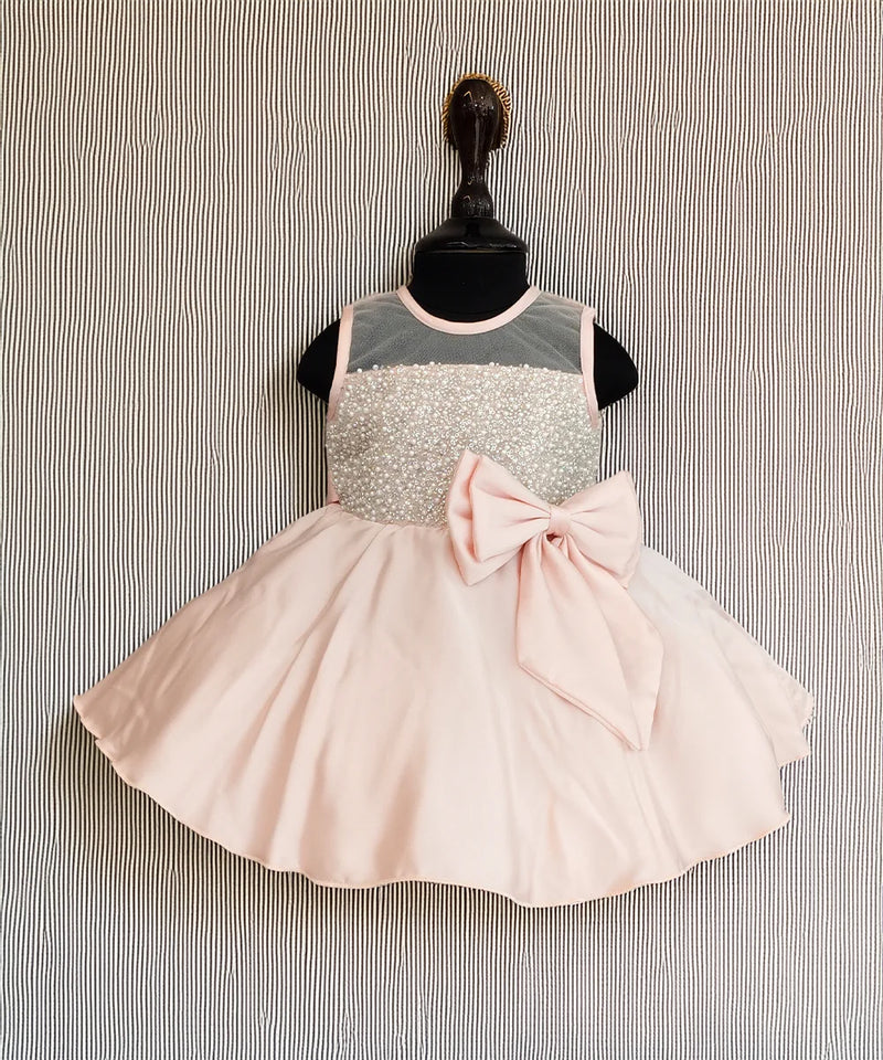 Peach satin shimmer birthday frock for girls, Jaipur kidswear store